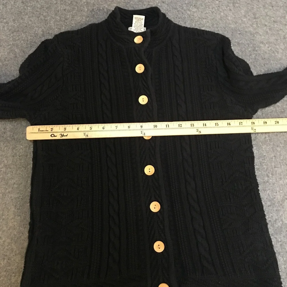 LL Bean Cardigan Sweater Womens S Black Vintage Heavyweight Wood Button Cable